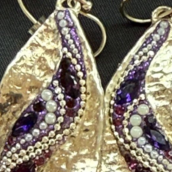 Vintage 925 Israeli Silver Hammered Leaf Design amethyst and pearls Bobo artisan - Picture 3 of 5